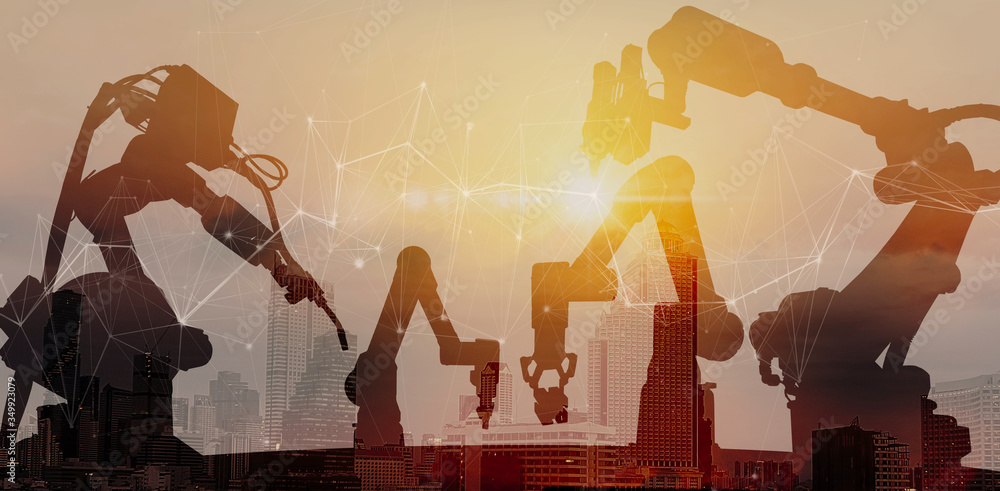Aufkleber Double exposure of modern automation robot arms with Ai assistant technology network concept and metropolis city building background.