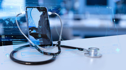 Telemedicine concept,Medical Doctor online communicating the patient on VR medical interface with...