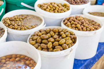 Green and black olives in the oriental market 