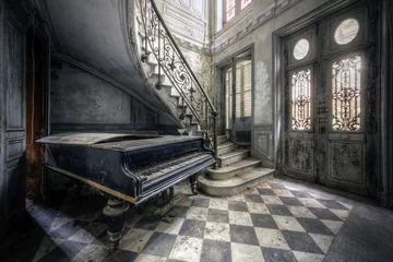 Printed kitchen splashbacks Old left buildings Piano in abandoned small castle in France