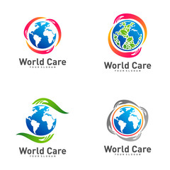 Set of World Care logo design template vector, Earth Care logo concept creative, Icon Symbol
