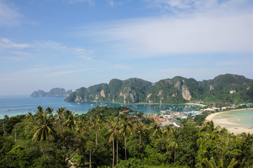 View from above the view point with the beach and mountains in the Phi Phi Islands of Thailand