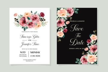 wedding invitation card with watercolor floral blossom
