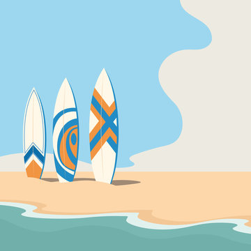 Surfboards on the seashore. Vector illustration