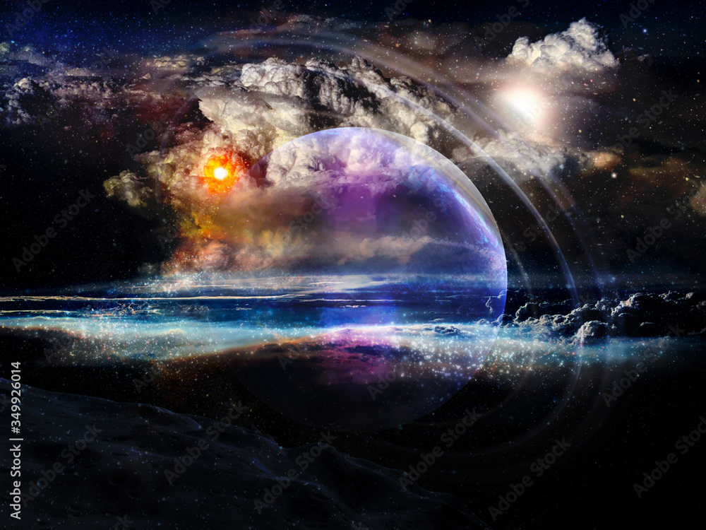 Poster alien planet with rings in clouds in outer space. elements of this image furnished by nasa.