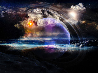 Alien planet with rings in clouds in outer space. Elements of this image furnished by NASA.