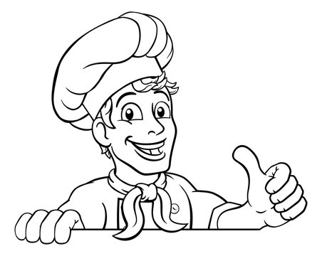 A chef cook or baker peeking over a sign and giving a thumbs up cartoon
