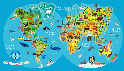 Fototapeta premium Animal Map of the World for Children and Kids.