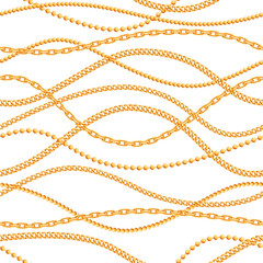 Fashion seamless jewelry pattern with gold chains on white background - 349927253