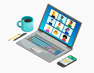 Naklejka premium Online Virtual Meetings, Work from Home. Distance Learning. Teleconference Web Video Conference Call During Coronavirus COVID-19. Vector Illustration.