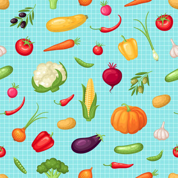 Seamless Pattern With Vegetables On Grid Background