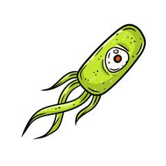 Virus and green bacteria. Causative agent. Micro-organism under microscope with flagella. Dangerous microbe. Scientific Character with eye. Cartoon illustration