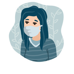Woman in medical mask. Protection from virus and coronavirus. Sick Young girl. Treatment and prevention of disease. Blue clinic concept. Cartoon flat illustration