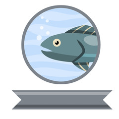 Fish logo. Tuna in circle. Element of fishing and fish restaurant. Blue marine animal underwater. Blue water with bubbles. Ribbon for text. Flat cartoon