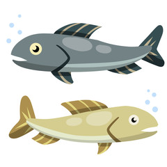 Set of fish. Sea food. Cartoon flat illustration isolated on white background. River blue and grey animal with scales, fins and a tail. Element of fishing