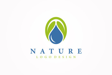 Abstract Natural Ecology Logo. Blue Water Drop and Circular Green Leaves Symbol Combination. Flat Vector Logo Design Template Element.