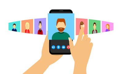 Group video call on the phone. Video conference. Remote work, online education in quarantine.