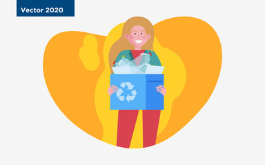 Happy woman holding box with plastic trash. Eco volunteer, garbage, rubbish flat illustration. Waste sorting, recycling, collection concept for banner, website design or landing web page