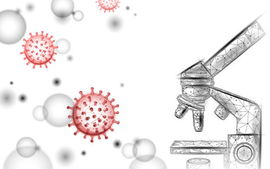 Microscope virus 3D low poly render. Laboratory analysis infection virus pneumonia. Medicine vector illustration
