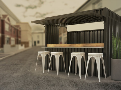 Beautifully Converted Shipping Container In The Into Modern Cafe Bar Restaurant, 3d Rendering, Mockup.
