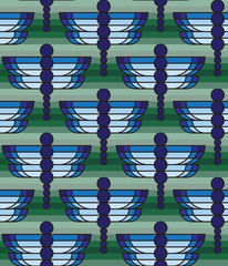 Seamless vector pattern with blue dragonflies on striped green background. Wings in tiffany lampwork style and beaded bodies. Colorful decorative design for summer mood. Elegant art deco style.