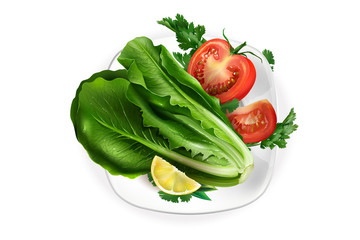 Lettuce, tomato and a lemon slice on a snow-white plate.