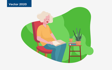 Woman with open book sitting on chair. Reading, female book reader, hot drink flat illustration. Leisure, hobby, novel concept for banner, website design or landing web page