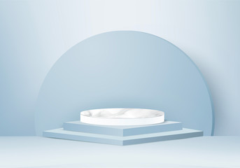 Background vector 3d blue rendering with podium and minimal blue wall scene, minimal abstract background 3d rendering abstract geometric shape blue pastel color. Stage for awards on website in modern.