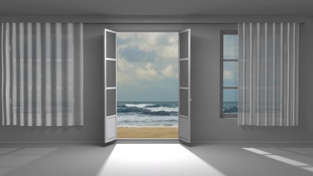 Animation of a view of the sea and the beach through the window. 
The concept of vacation at sea and nature, travel, trip.

