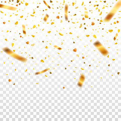Stock vector illustration defocused gold confetti isolated on a transparent background. EPS 10. New year, birthday, valentines day design element. Holiday background.