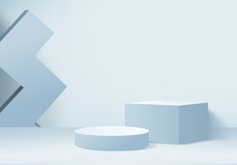 Background vector 3d blue rendering with podium and minimal blue wall scene, minimal abstract background 3d rendering abstract geometric shape blue pastel color. Stage for awards on website in modern.