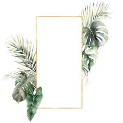 Watercolor golden frame with monstera and palm leaves. Hand painted tropical card with philodendron isolated on white background. Floral illustration for design, print or background. Summer template. © yuliya_derbisheva