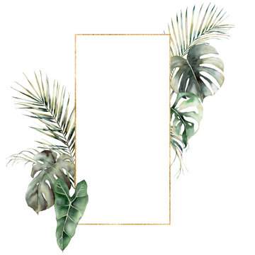 Watercolor golden frame with monstera and palm leaves. Hand painted tropical card with philodendron isolated on white background. Floral illustration for design, print or background. Summer template.