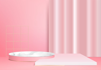 Obraz na płótnie Canvas Minimal Podium and scene with 3d vector render in abstract pink background composition, 3d illustration mock up scene geometry shape platform forms for product display. stage for awards in modern