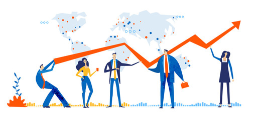 Group of business  people holding up arrow as symbol of success and working together. 