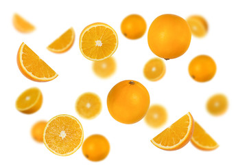 Falling oranges isolated on a white background with clipping path as package design element and...