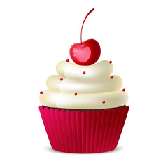 Sweet cupcake with white icing and ripe cherry berry on a white background. Vector illustration