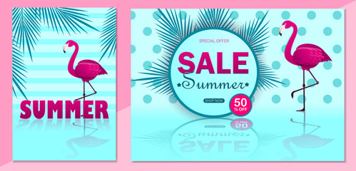 Summer sale set banners modern design with flamingo and tropical leaves background