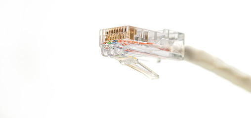 Macro shot of network connection plug RJ-45,LAN network connection ethernet cable .