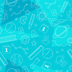 Vector seamless pattern in cartoon style with school objects. Pattern with a globe, books, rulers, pencils, buttons and other objects. Back to school. Conceptual background