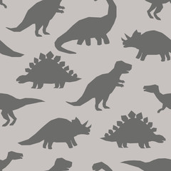 Hand drawn dinosaurs silhouette vector pattern in gray color. Cute cartoon dino pattern for childish clothes and home textile
