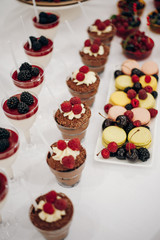 Chocolate desserts with cream and berries on the candy bar, there are also macaroons