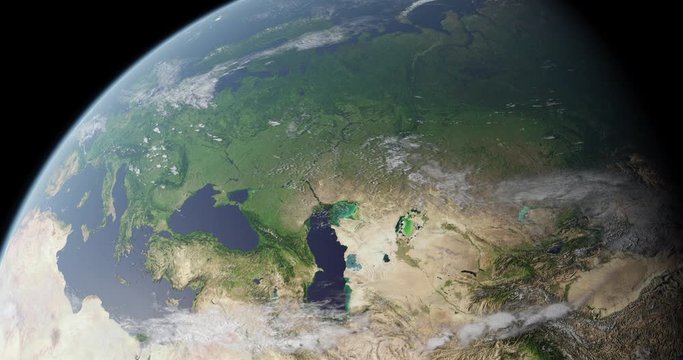 Europe, Turkey and Russia seen from space during daytime. Earth rotating slowly. Satellite view from earth orbit. Blue marble. Great for background. Elements of this image furnished by NASA.