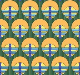 Seamless vector pattern in 1930s art deco style. Geometric blue dragonflies in round yellow medallions symbolising sun over green stripped surface of grass. Tiffany lampwork, stained glass imitation.