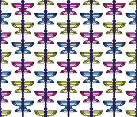 Seamless vector pattern with vertical garlands of blue, pink and yellow butterflies on white background. Wings in tiffany lampwork style and beaded bodies. Colorful decorative design for summer mood.
