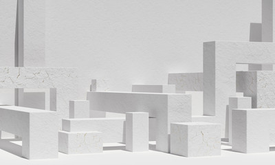 Geometric shapes with marble stone texture. Natural beauty pedestal in sunlight. Mockup for branding and packaging presentation. Cosmetic and fashion. 3d render. 3d illustration.