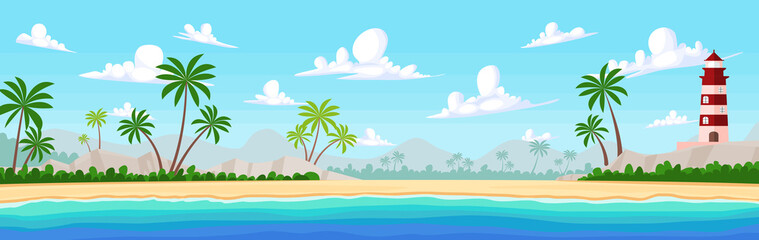 Vector illustration of beautiful sea beach panoramic view with mountain, blue sky, clouds, palm tree, rocks and lighthouse in flat cartoon style. - Summer vacation sea beach concept.