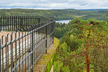 Observation deck for travelers in Aulanko forest park. Hameenlinna, Finland.