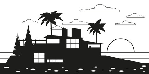 Sea shore beach luxury cottage villa house for rest with palms and plants, sea, ocean