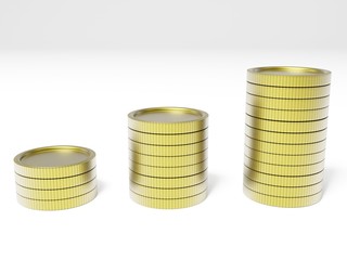three Stack of golden coin 3d rendering on a white background.